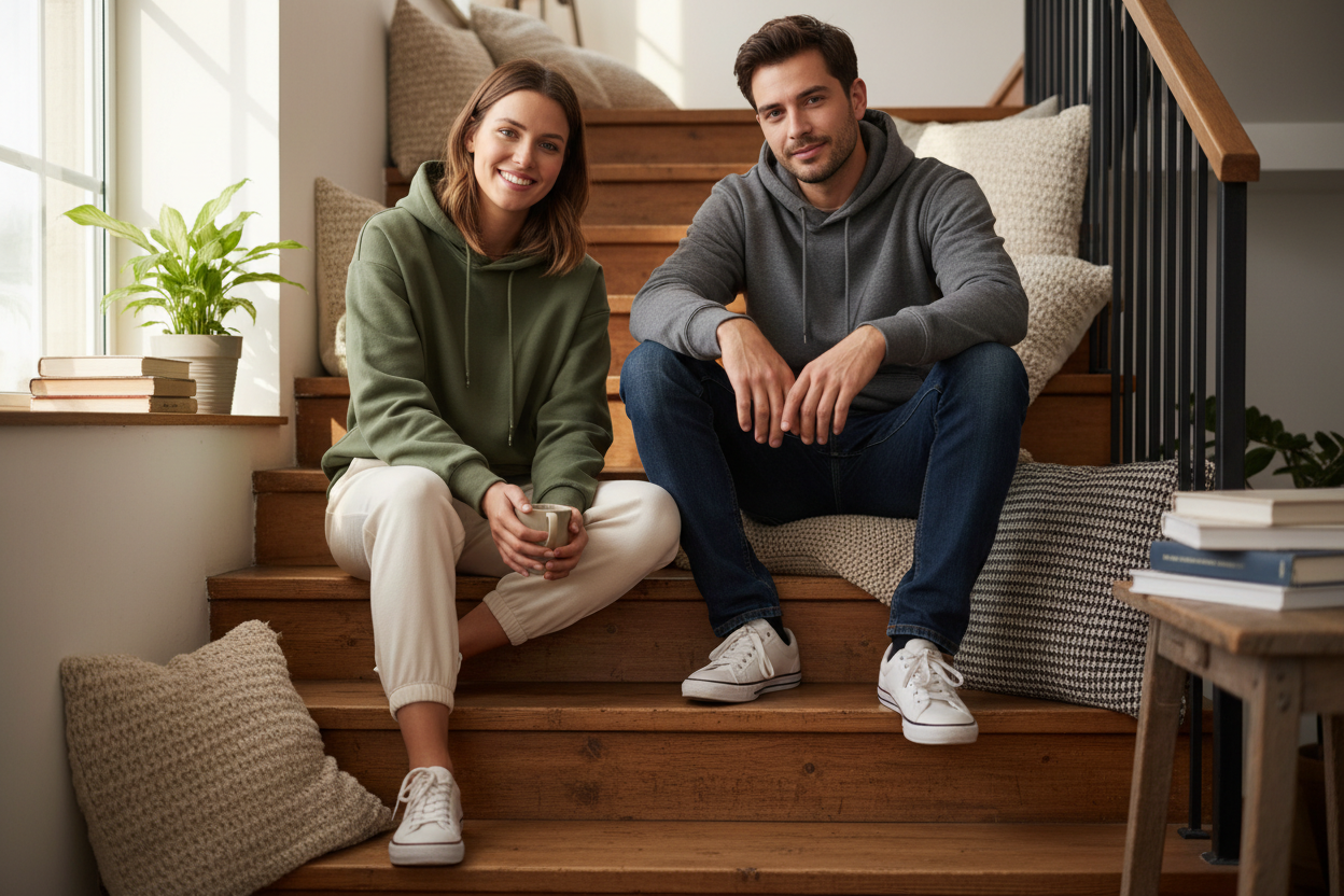 Two people in sweatshirts sitting on stairs